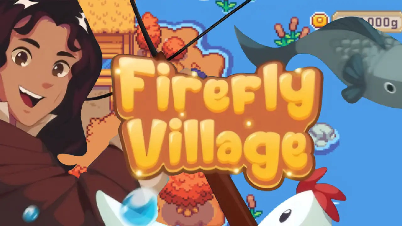 Firefly Village screenshot showing cozy pixel farm with 4-minute days and short seasons