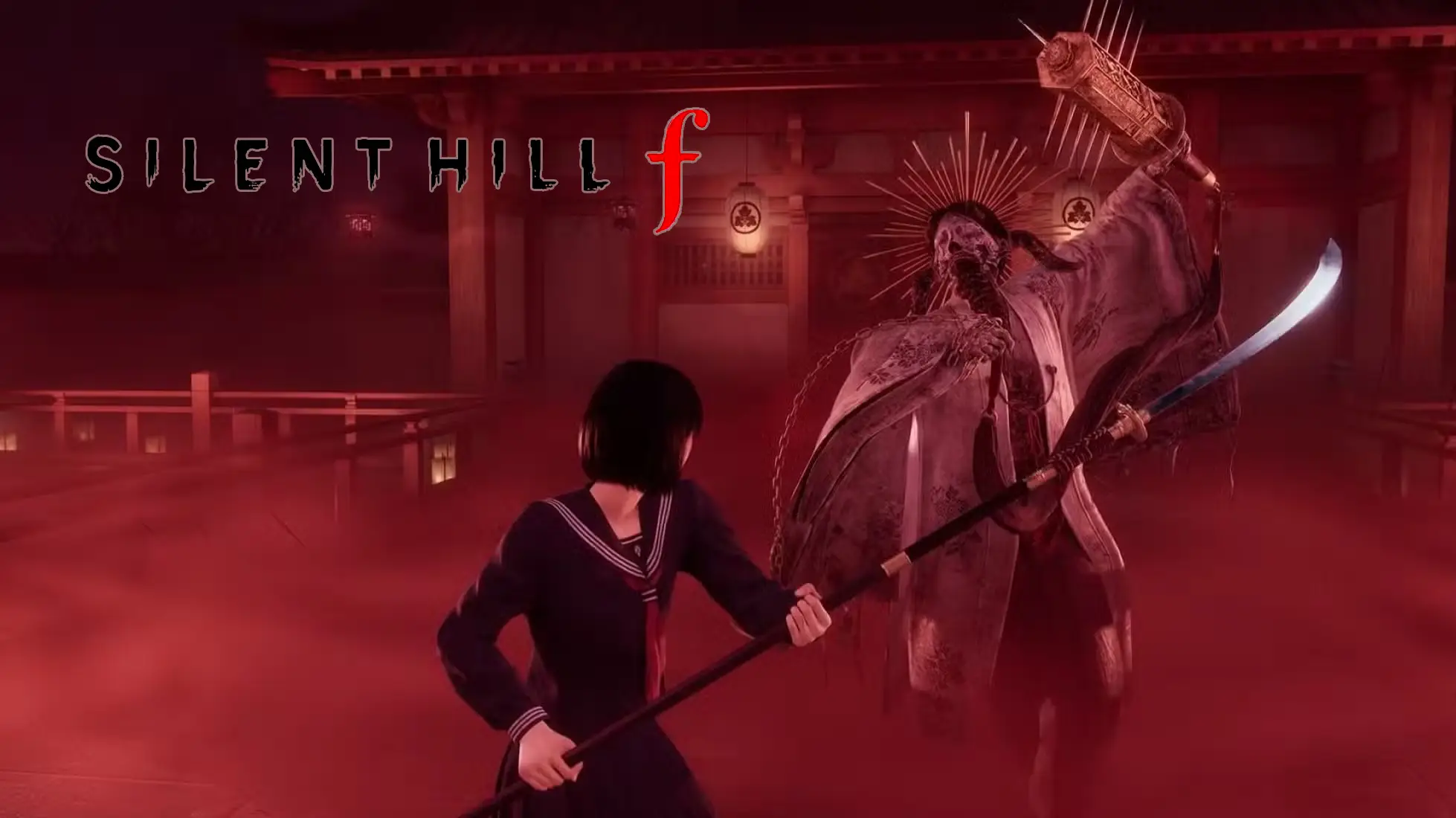 Silent Hill f gameplay showing action combat in a dark, eerie setting